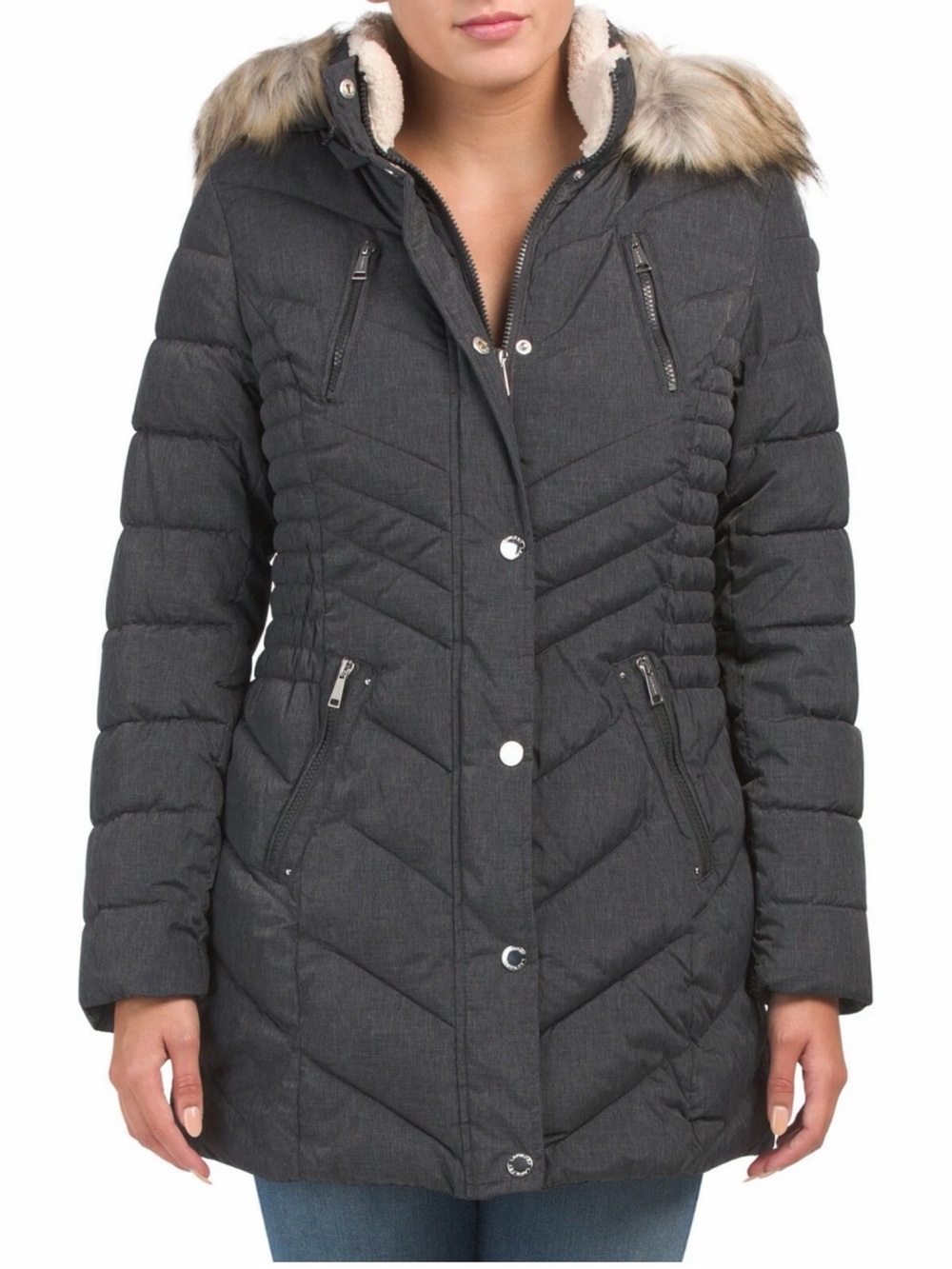Laundry by Shelli Segal Quilted Faux Fur Hooded Winter Coat Grey